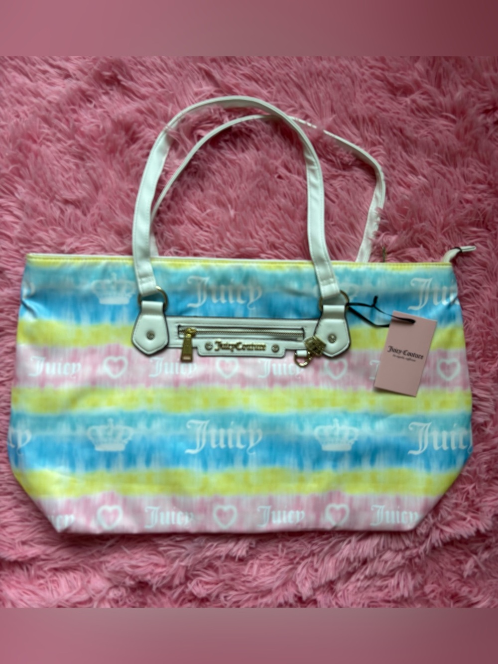 Juicy Couture Tie-Dye Stripe Tote Bag in Pastel Blue, Pink & Yellow